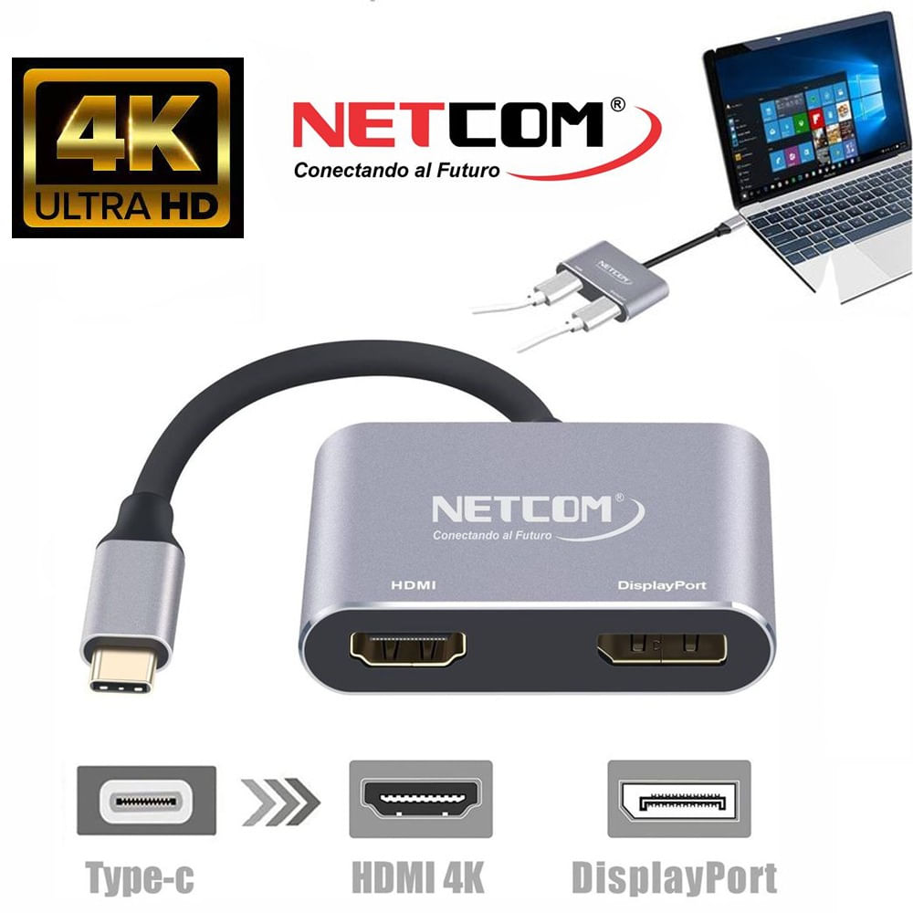 Convertidor Tipo C 2 en 1 HDMI y Displayport 4K Ultra HD 60Hz Netcom