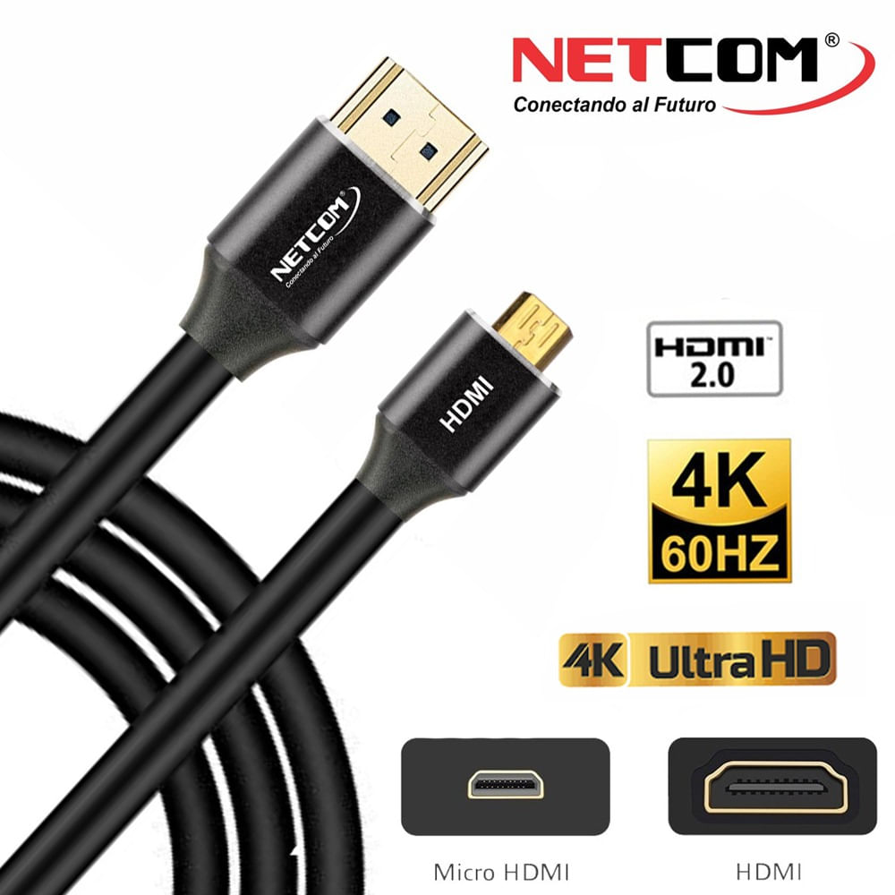 Cable Micro Hdmi a Hdmi 1.8 Metros NETCOM 2.0 4K 60 Hz ULTRA HD