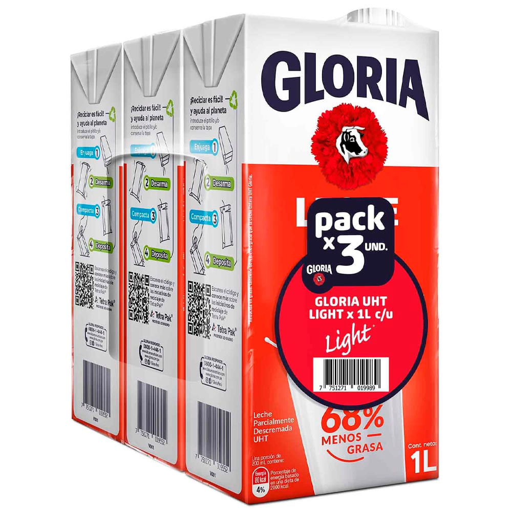 Leche UHT GLORIA Light Pack 3un x 1L