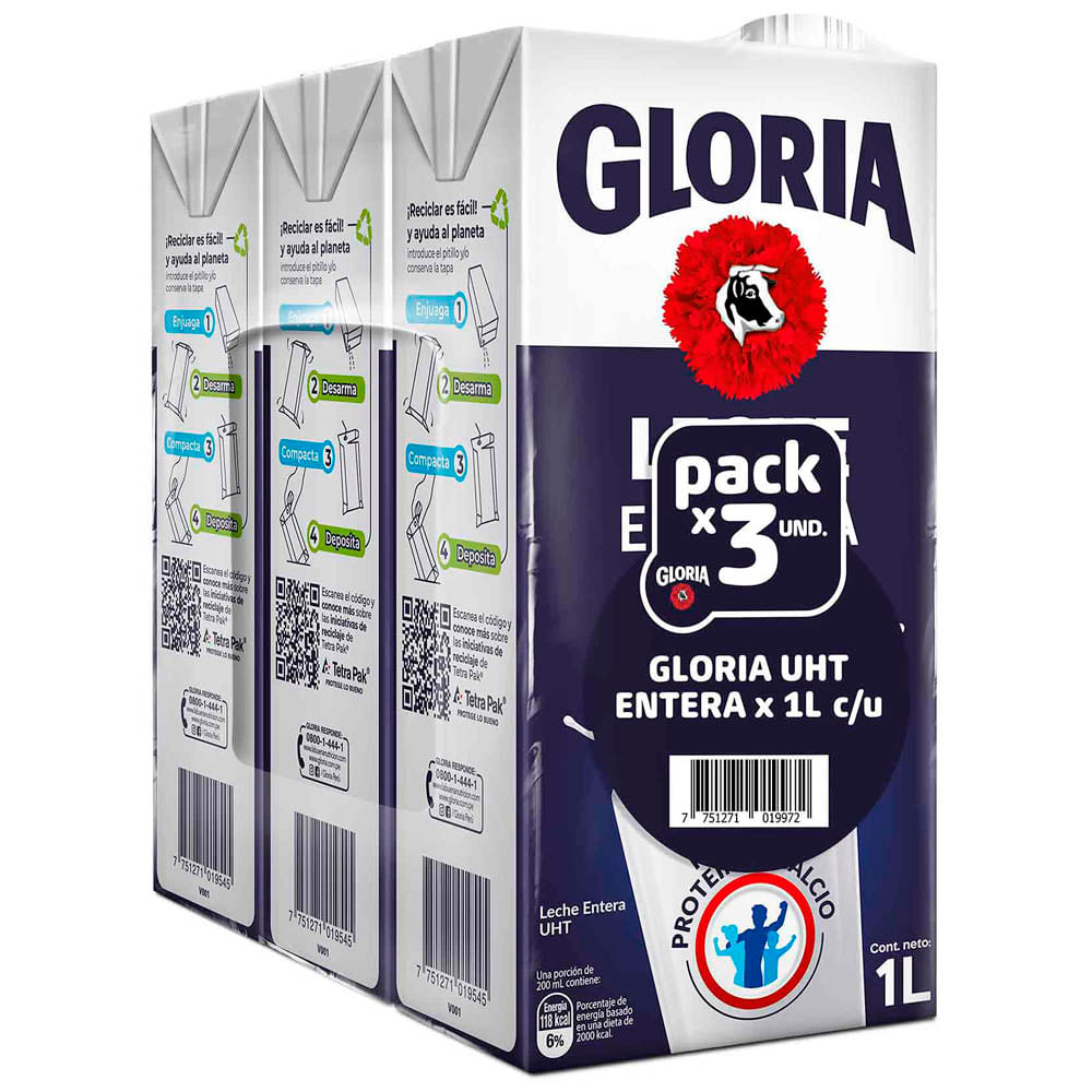 Leche UHT GLORIA Entera Pack 3un x 1L