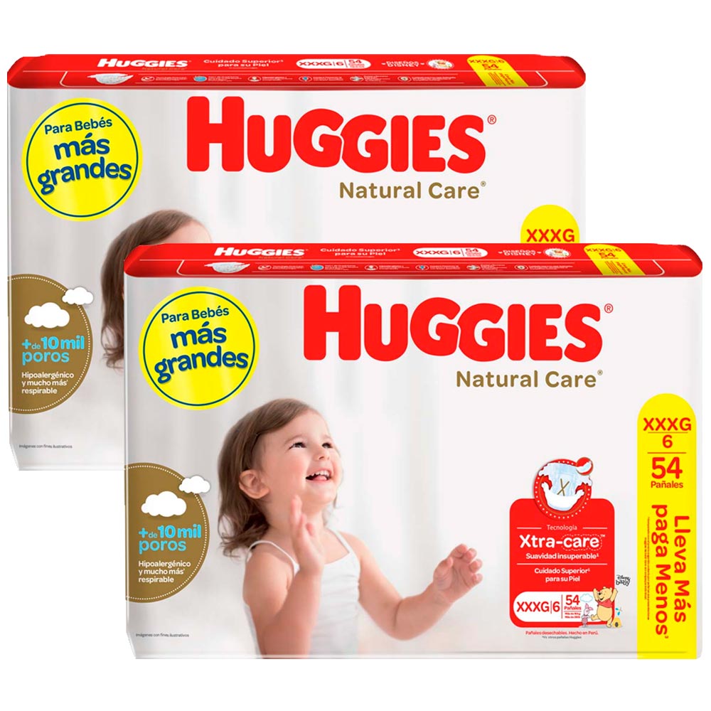 Pack Pañales para Bebé HUGGIES Natural Care XXXG Paquete 108un