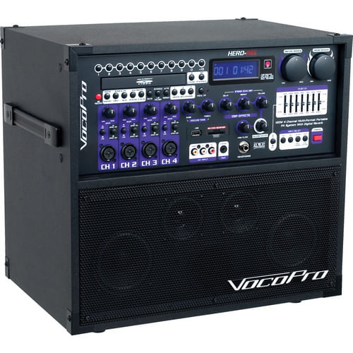 VOCOPRO HERO-REC 3 120W Sistema PA portátil de 4 canales multiformato con grabadora digital y 2 micrófonos inalámbricos VHF (213.74 MHz, 185.80 MHz)