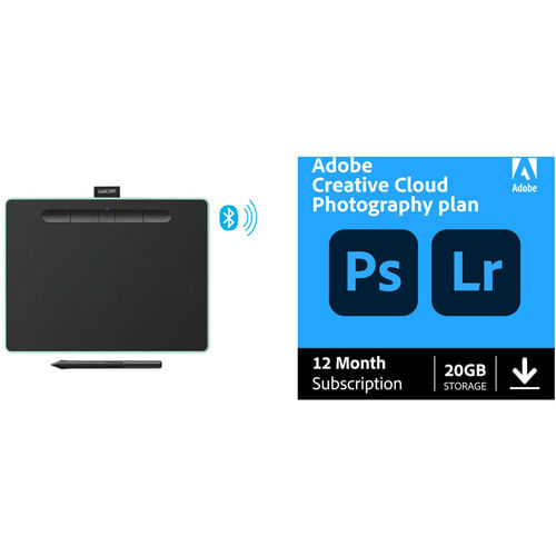 Wacom Intuos Bluetooth Creative Pen Tablet y Adobe Creative Cloud Photography Plan Kit (mediano, verde pistacho, suscripción de 12 meses)