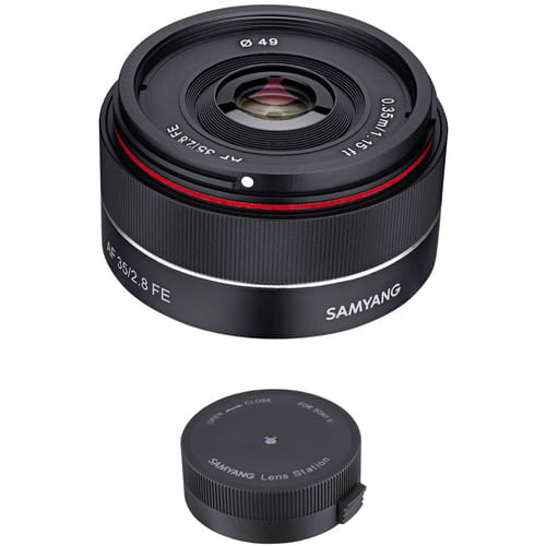 Lente Samyang AF 35mm f/2.8 FE con kit Lens Station para Sony E