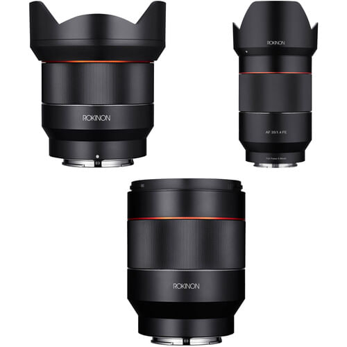 Kit de tres lentes Rokinon AF de 14 mm, 35 mm y 50 mm para Sony E
