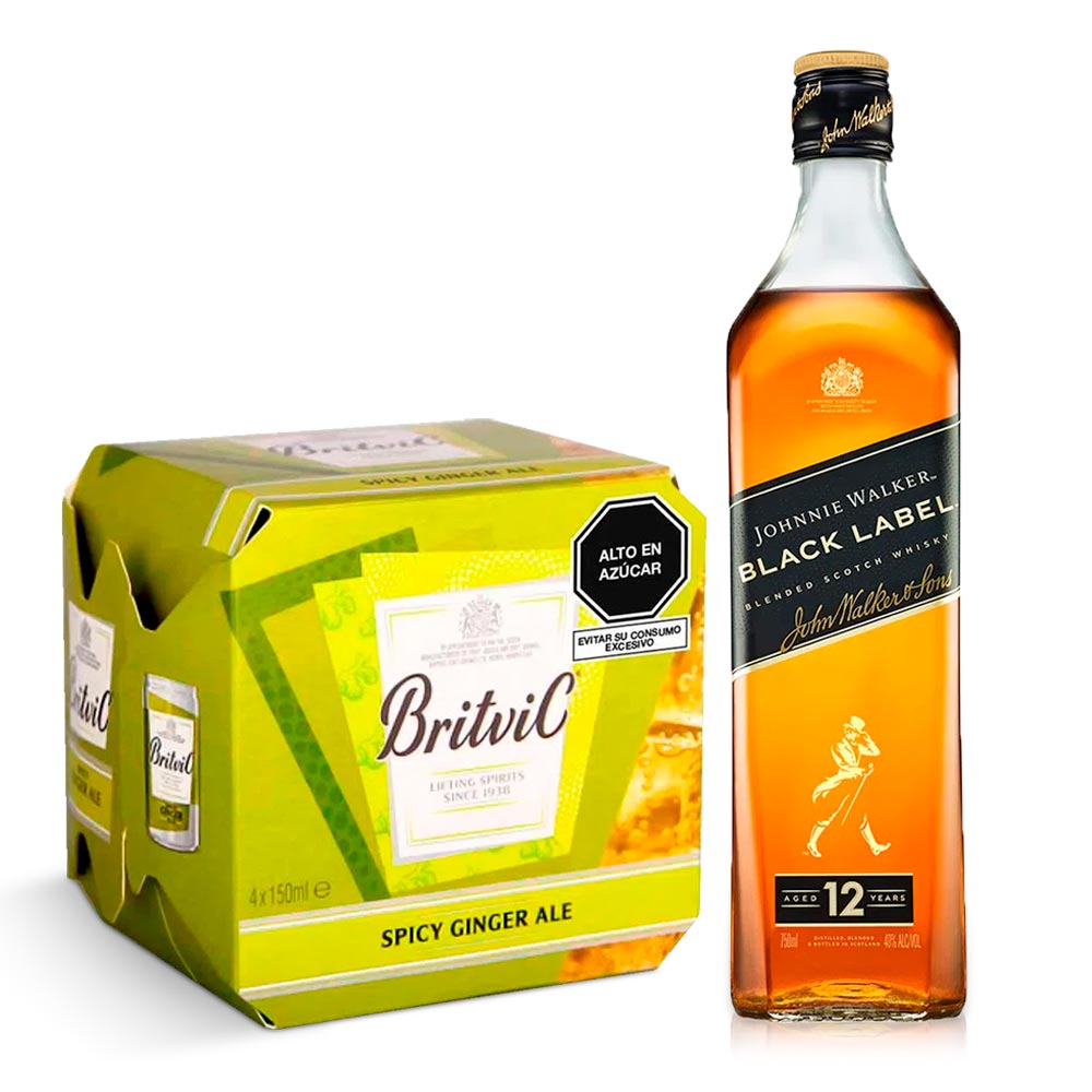 Pack Ginger Ale BRITVIC Paquete 4un Lata 150ml + Whisky JOHNNIE WALKER Black Label Botella 750ml