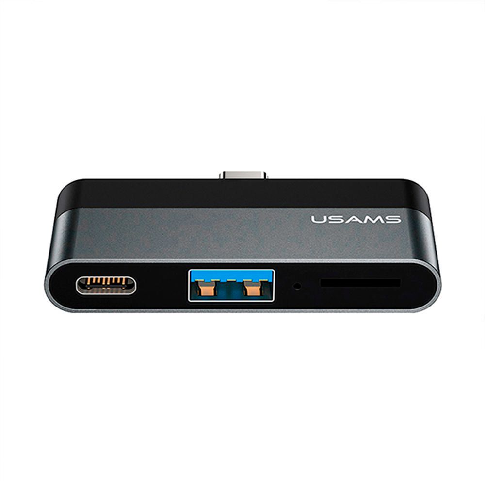 Adaptador Usams Type-C Mini HUB a Type-C + USB 3.0 + Micro SD Gris Oscuro