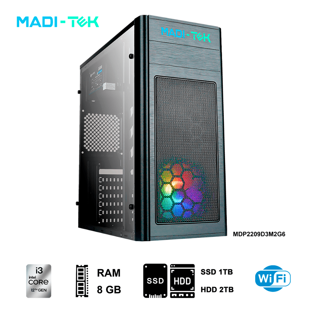 PC Madi-Tek LUKE3-12100 Intel Core I3-12100 3.30 Ghz RAM 8GB DDR4 Disco Duro 1 TB SSD/2 TB HDD
