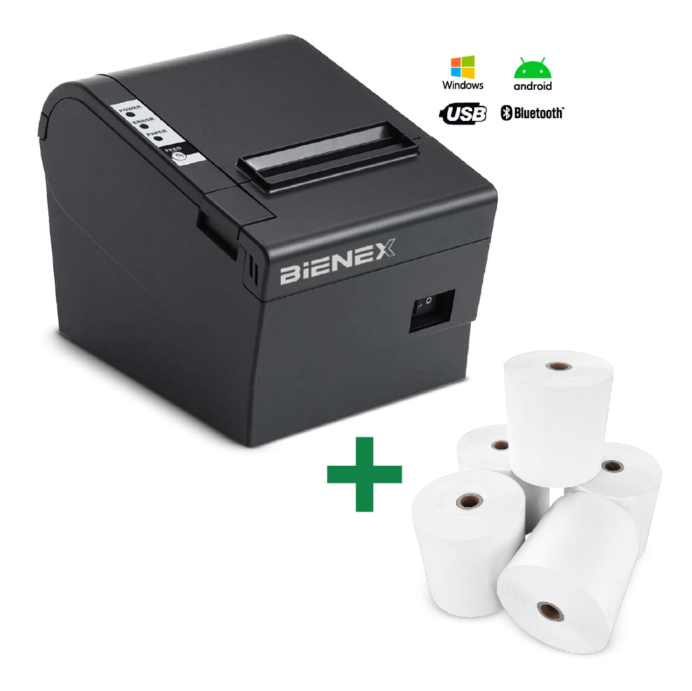 Impresora ticketera termica 80mm BLUETOOTH USB BIENEX+Papel Termico
