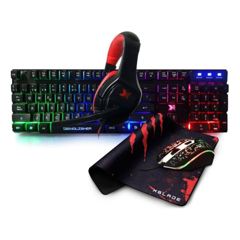 Teclado Xblade Gaming + Mouse + Audifono + Pad Demolisher Kit 4 En 1 Gxb-Kmhp370 Negro