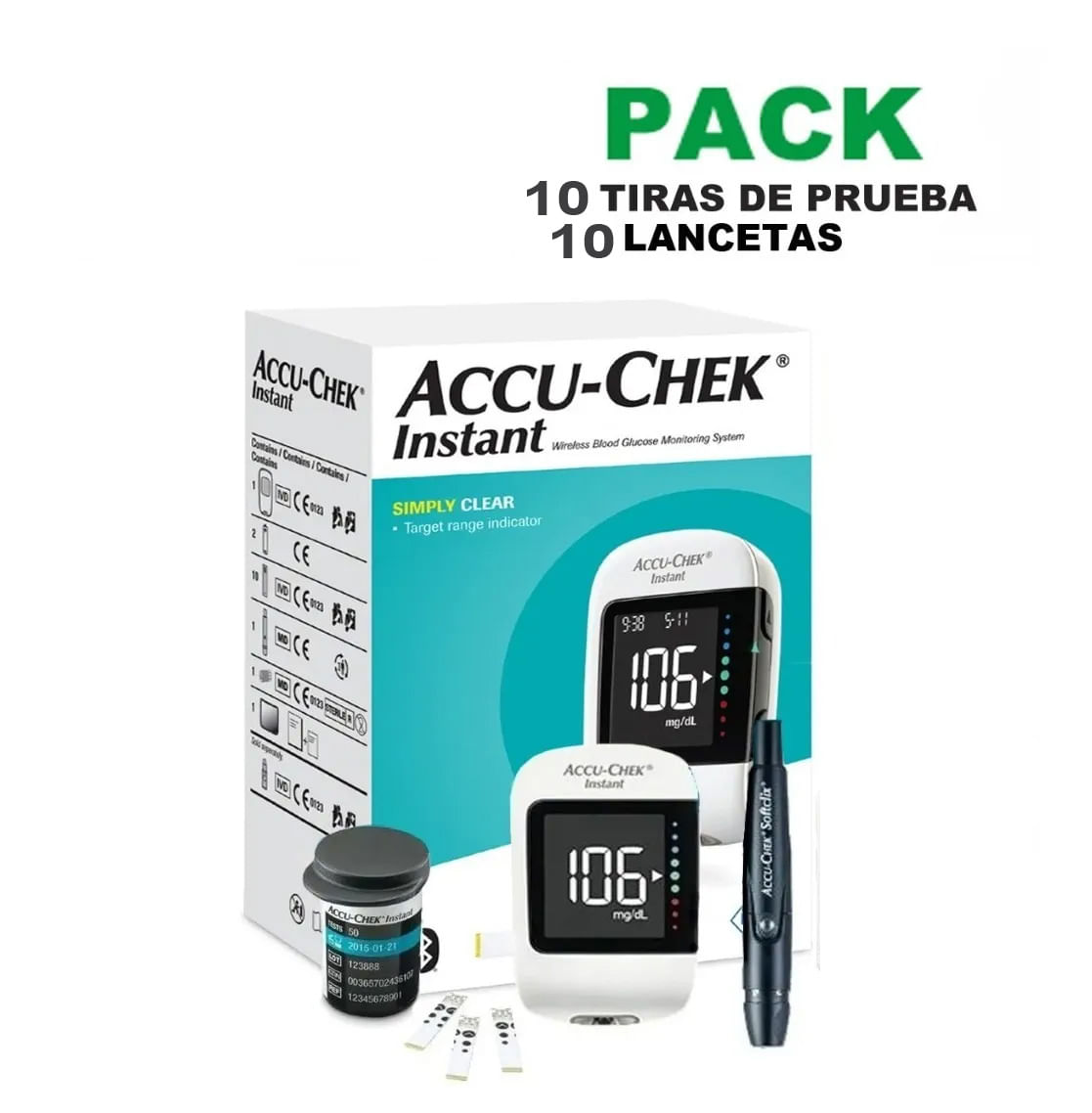 Glucómetro Accu-Chek Instant + 10 Lancetas + 10 Tiras Reactivas
