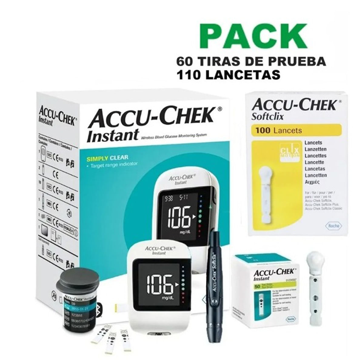 Glucómetro Accu-Chek Instant + 110 Lancetas + 60 Tiras Reactivas