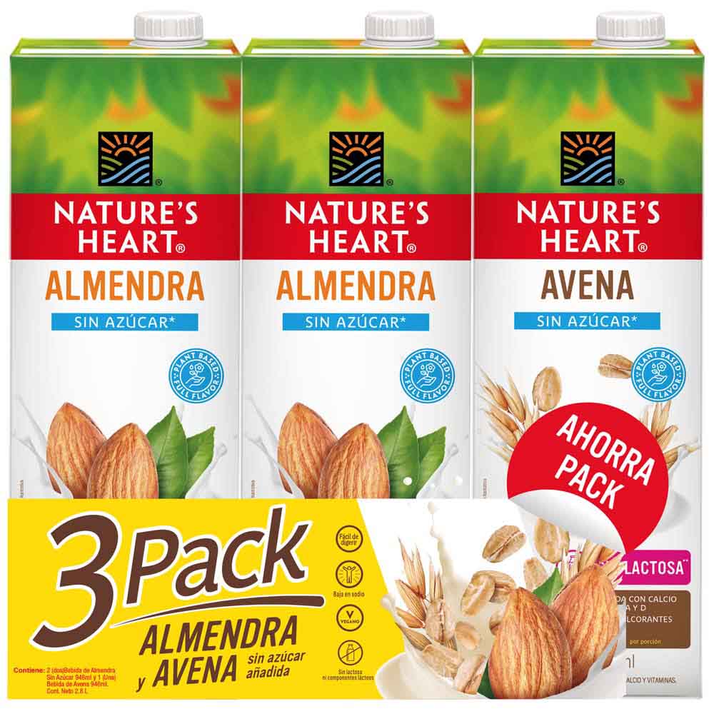 Pack Bebida de Almendra NATURE'S HEART sin Azúcar Botella 946ml Paquete 2un + Bebida de Avena NATURE'S HEART Botella 946ml