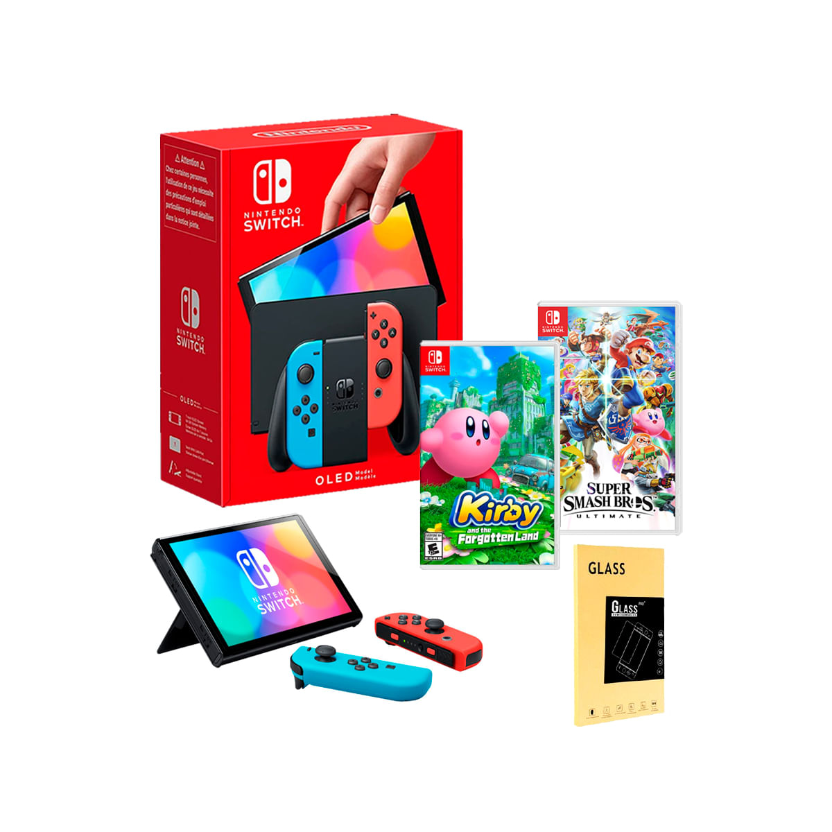 Consola Nintendo Switch Oled Neon + Kirby and the Forgotten Land + Smash Bros + Mica