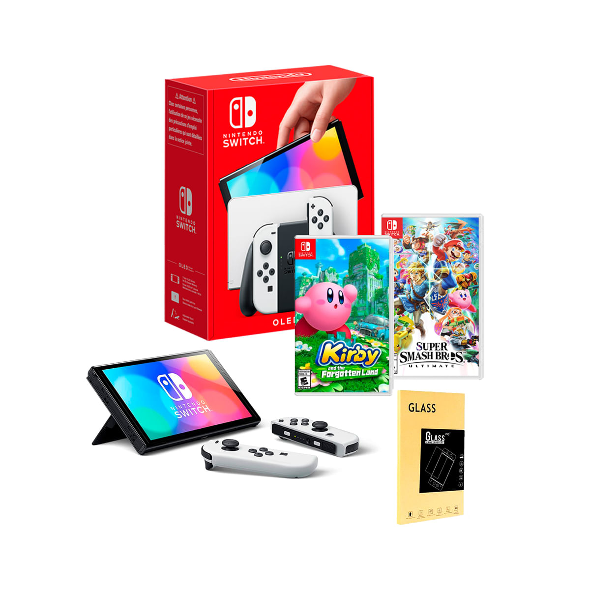 Consola Nintendo Switch Oled Blanco + Kirby and the Forgotten Land + Smash Bros + Mica