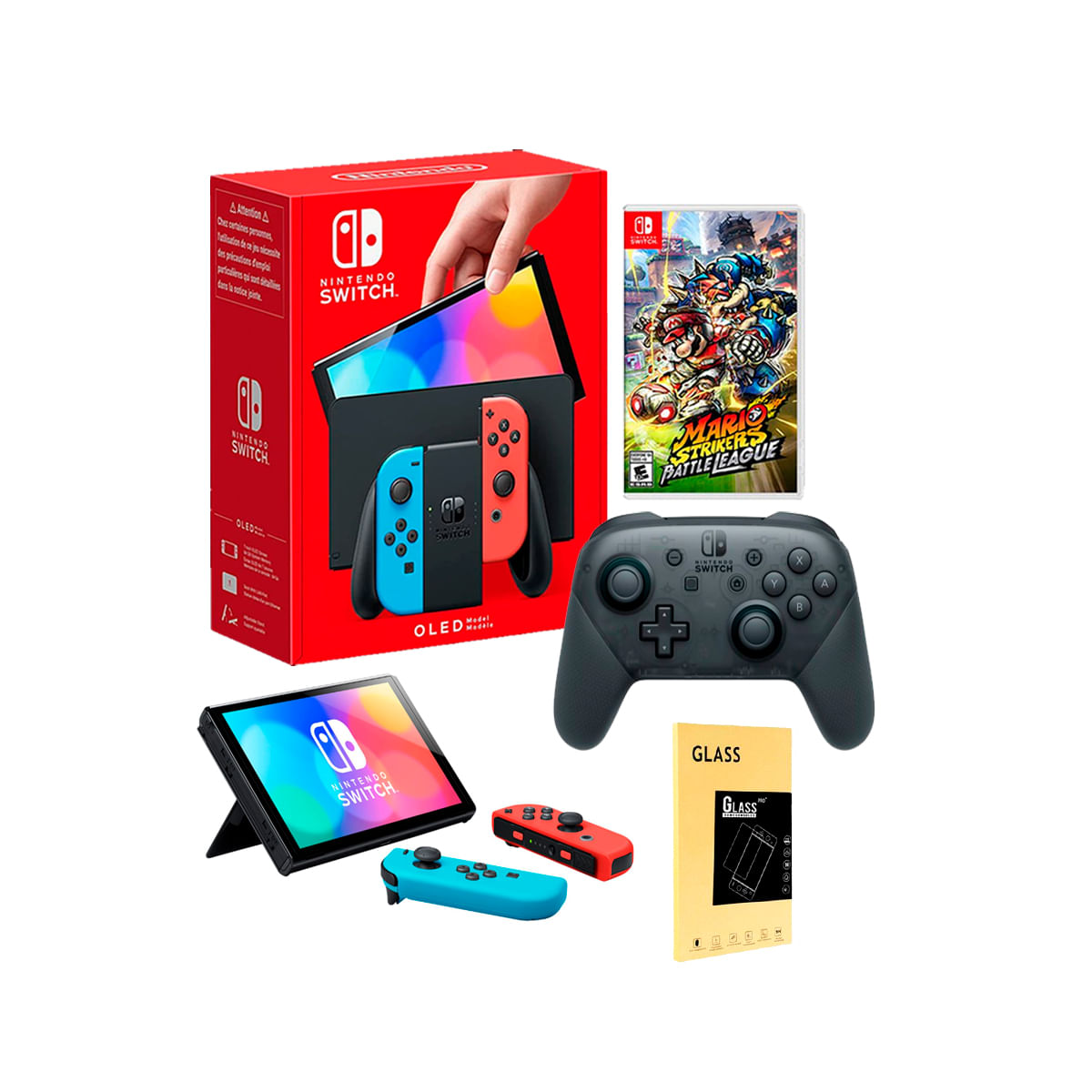 Consola Nintendo Switch Oled Neon + Mario Strikers + Pro Controller + Mica