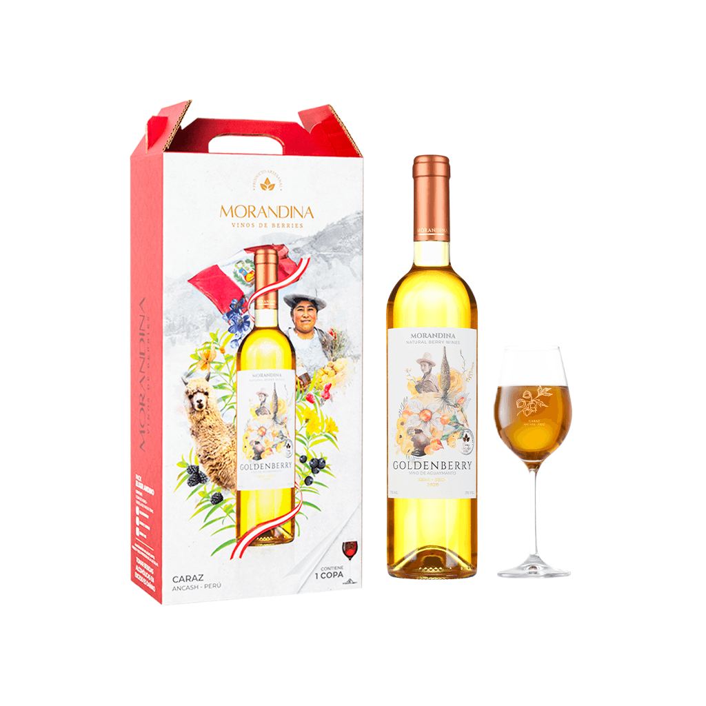Morandina Elixir Andino set de regalo - Vino Goldenberry semi seco bot 750ml + Copa