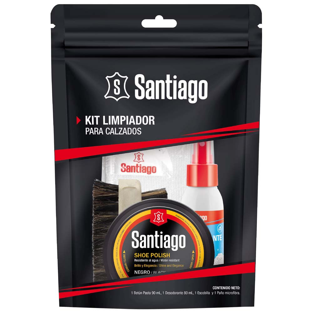 Kit Limpiador para Calzados SANTIAGO Betún Pasta 90ml + Paño + Escobilla + Desodorante 80ml