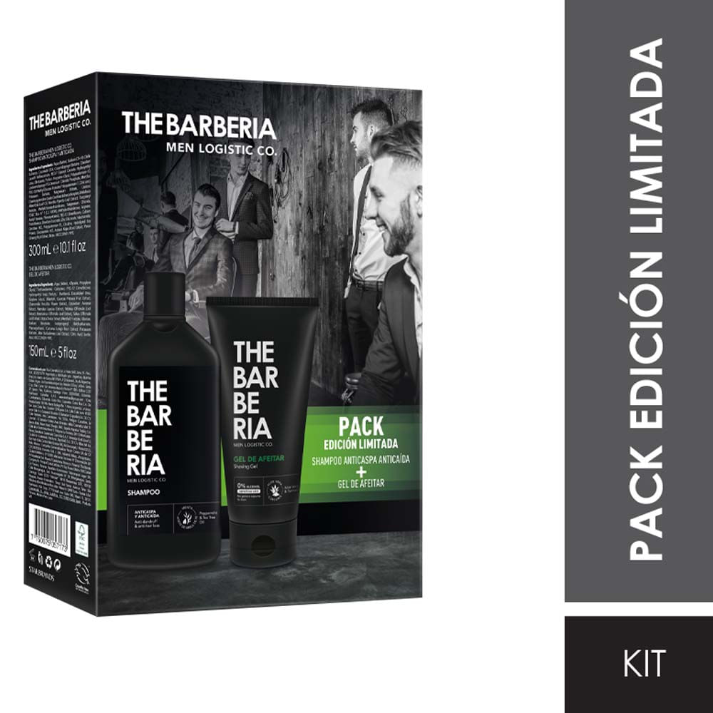 Kit THE BARBERIA Shampoo Anticaspa Caída Frasco 300ml + Gel de Afeitar Frasco 150ml