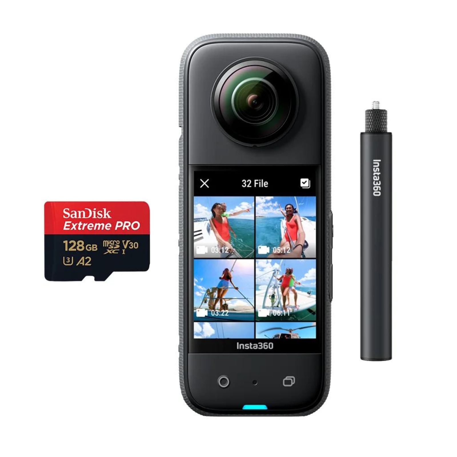 Cámara de acción Insta360 X3 + Power Selfie Stick 70 CM + Memoria 128GB Extreme Pro
