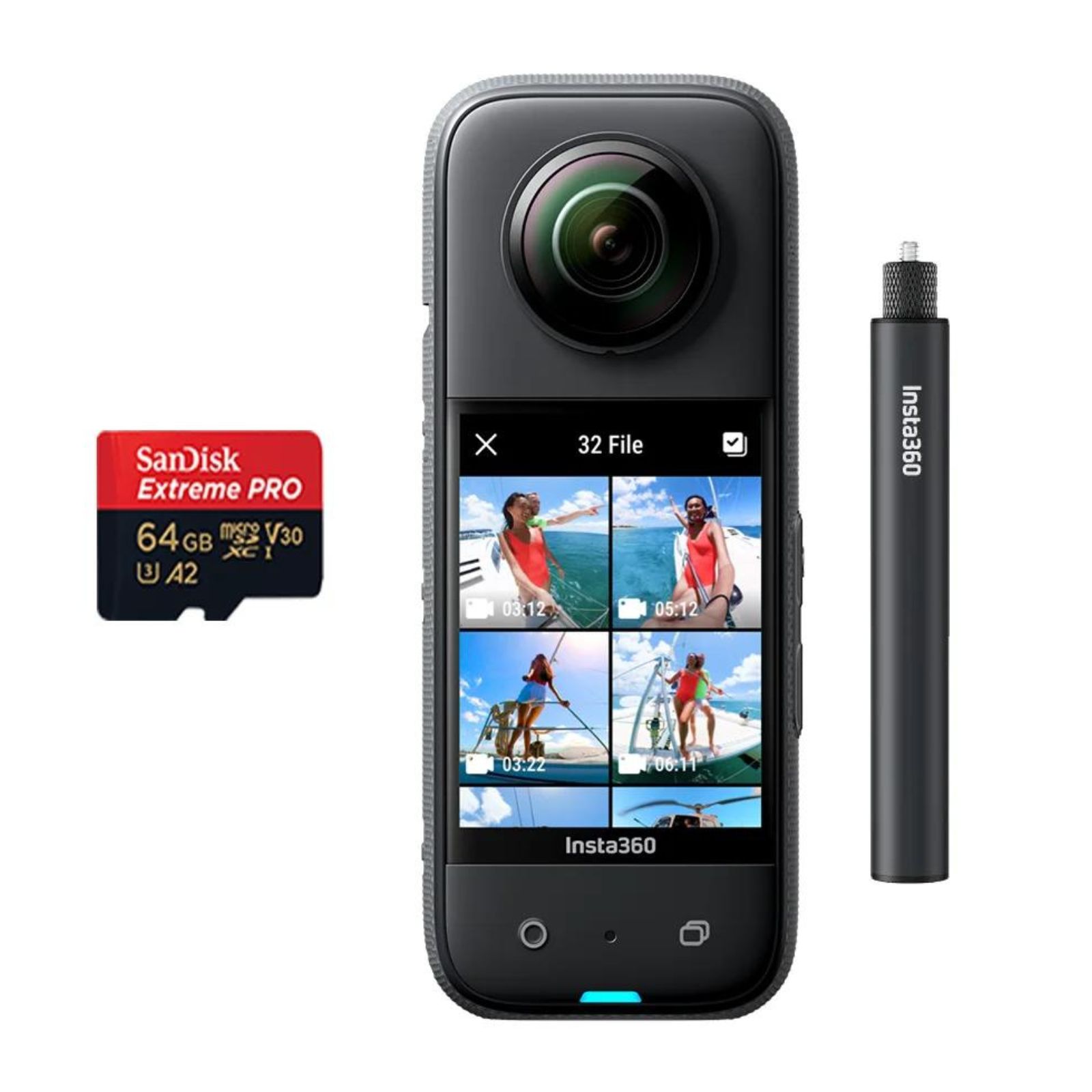 Cámara de acción Insta360 X3 + Power Selfie Stick 70 CM + Memoria 64GB Extreme Pro