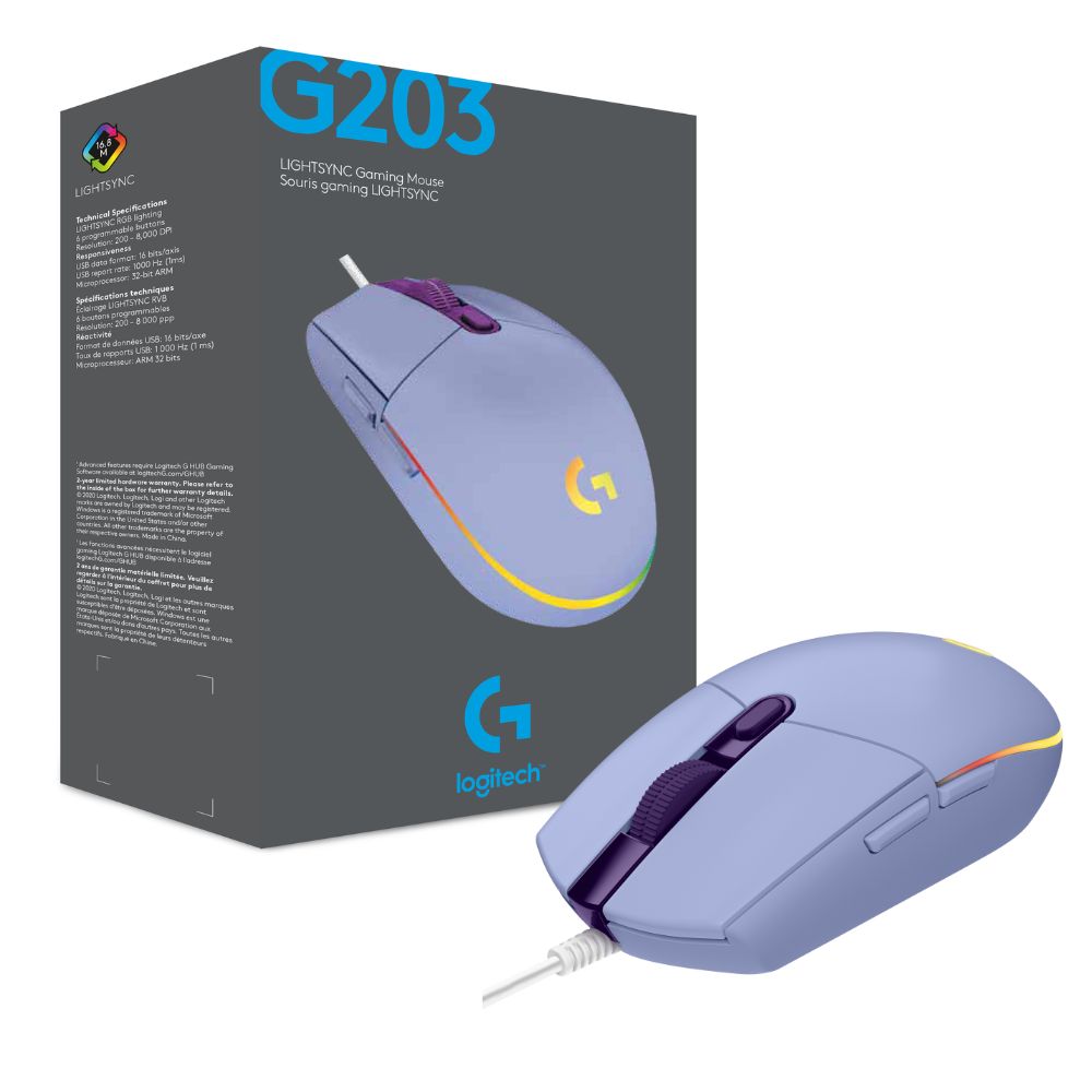 Mouse Gamer Logitech G203 Lightsync RGB 8000 DPI 6 Botones Lila