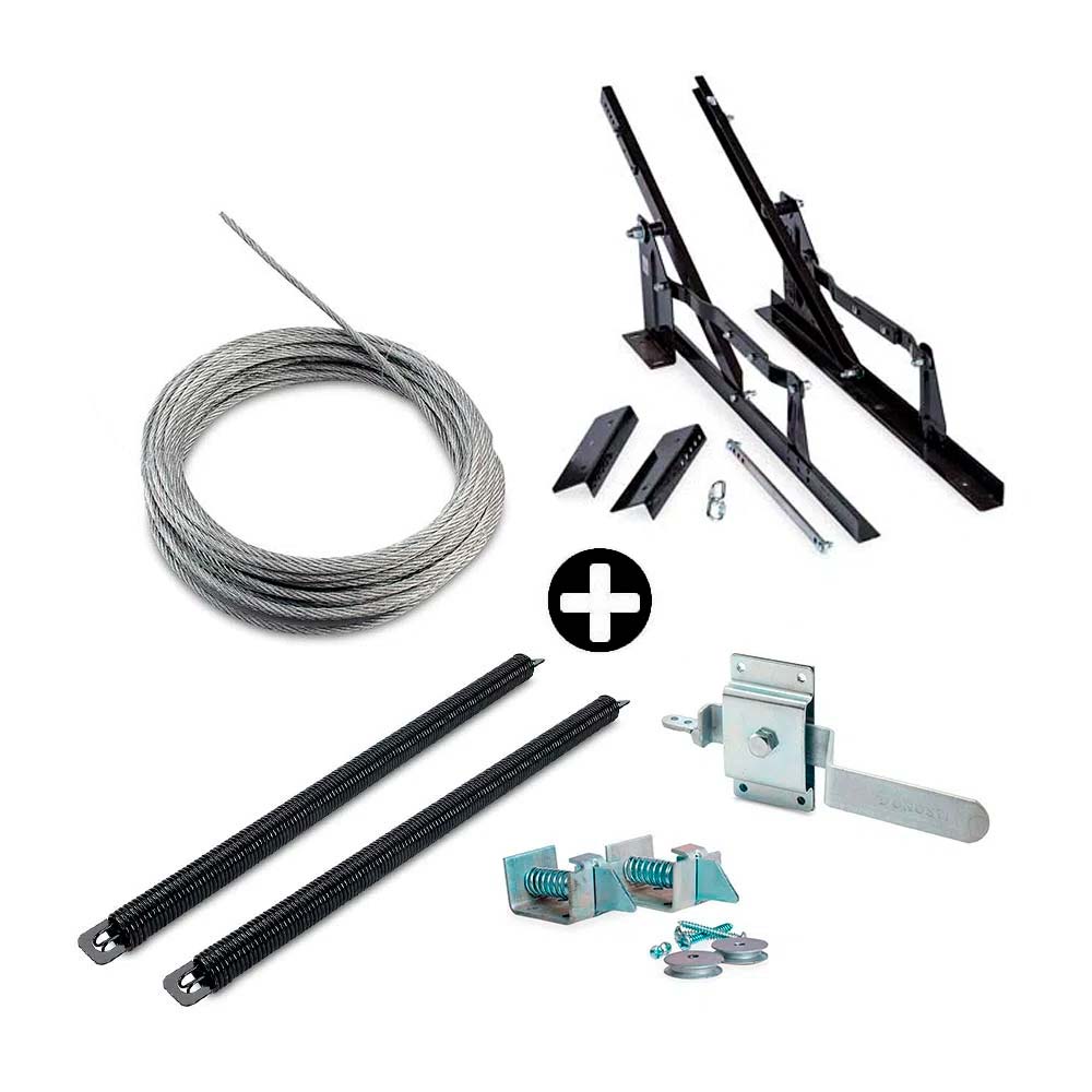 COMBO Equipo levadizo Premium + 2 Resortes 75 kg + Kit apertura garaje + Manija cable + Cable acero
