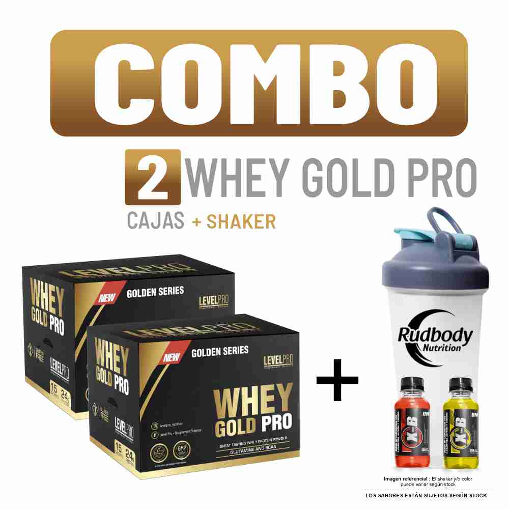 Combo Level Pro - 2 Whey Gold Pro Caja 15 Unid Strawberry + Shaker