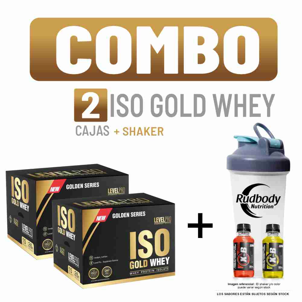 Combo Level Pro - 2 Iso Gold Whey Caja 15 Unid Rich Chocolate + Shaker