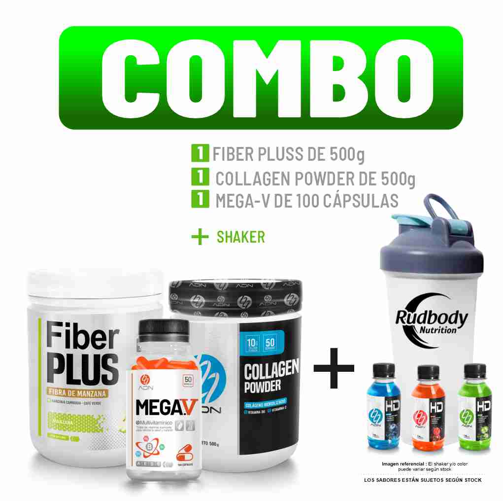 Combo Adn - Fiber Plus 500gr Manzana +  Mega.V 100 Caps + Collagen Powder 500gr Fruit Punch + Shaker