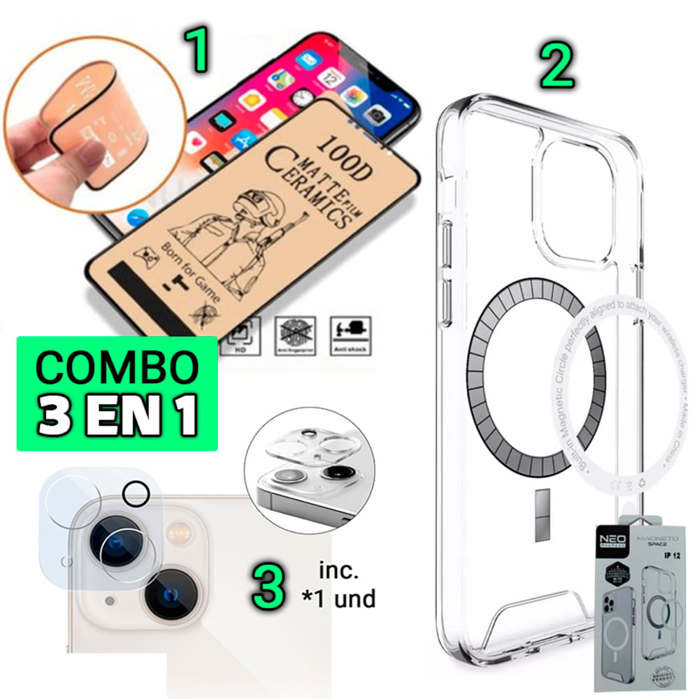Mica Mate + Case Clear Magnetico + Protector Camara - Para Iphone 13