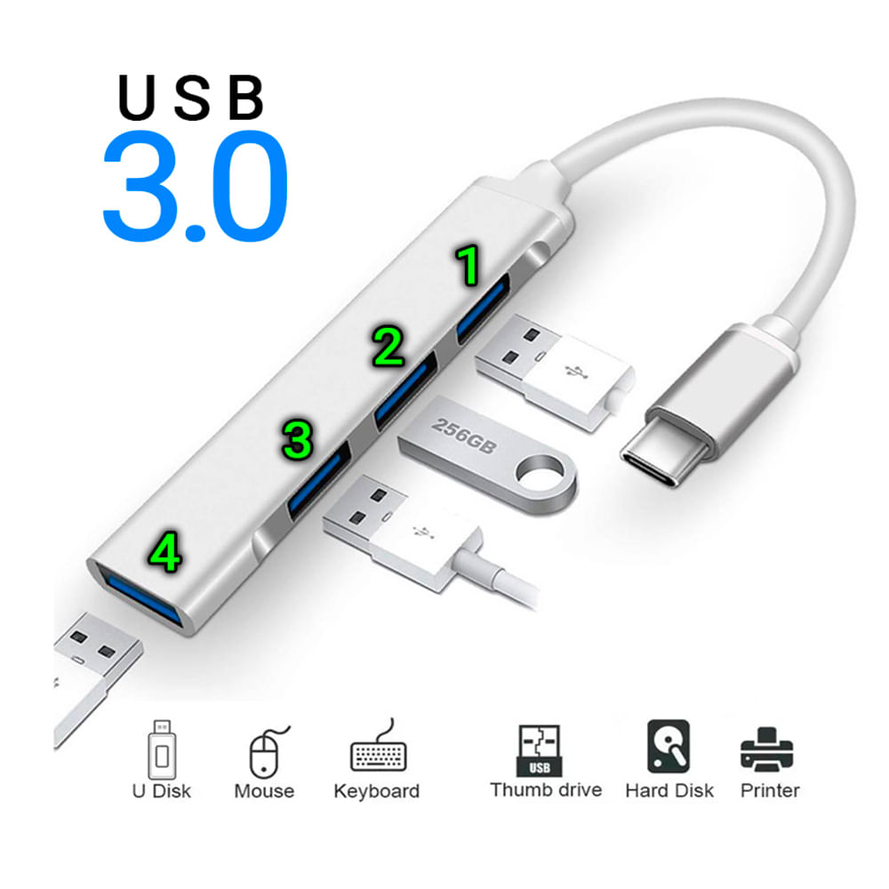Adaptador Hub Tipo C a USB 3.0 4 Puertos PC, Laptop, Android