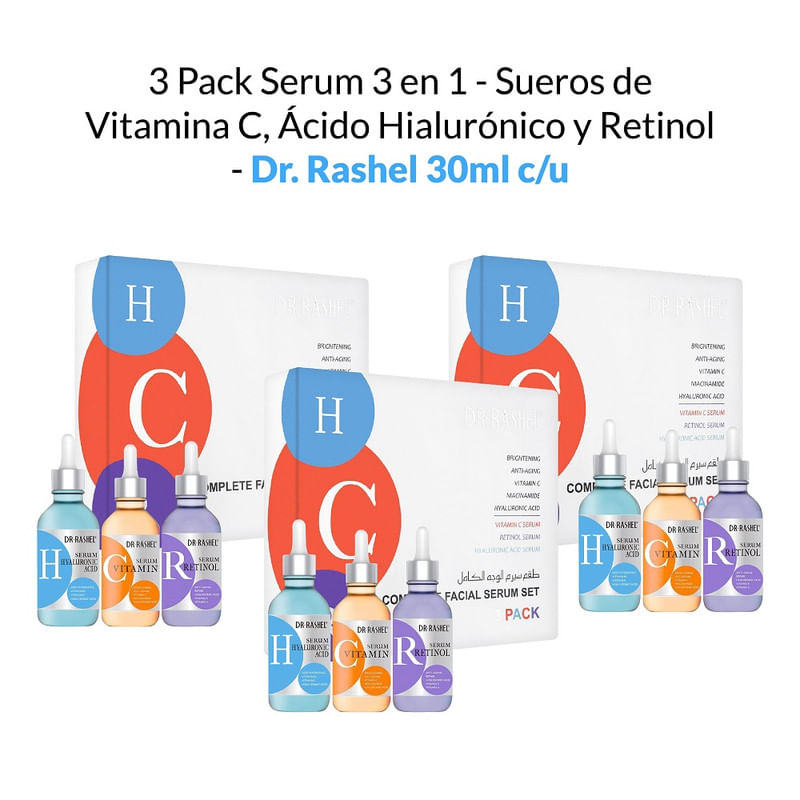 3 Pack Serum 3 en 1 - Sueros de Vitamina C, Ácido Hialurónico y Retinol - Dr Rashel 30 ml