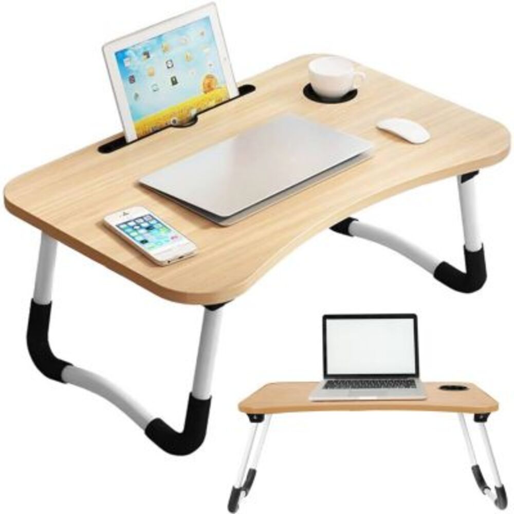 Mesa plegable portátil para Laptop con Ranura y Posavasos Beige