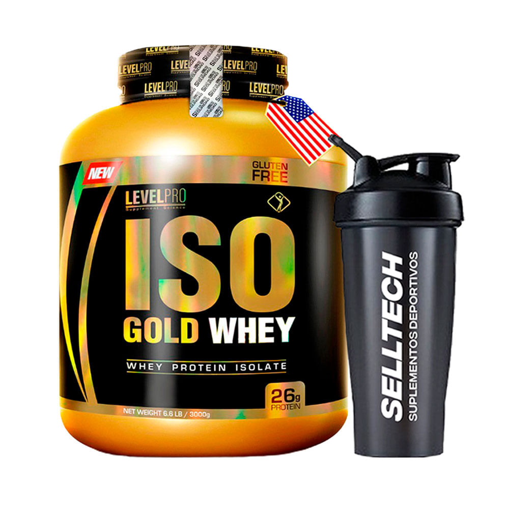 Level Pro Proteína Iso Gold Whey 6.6 Lbs Strawberry + Shaker