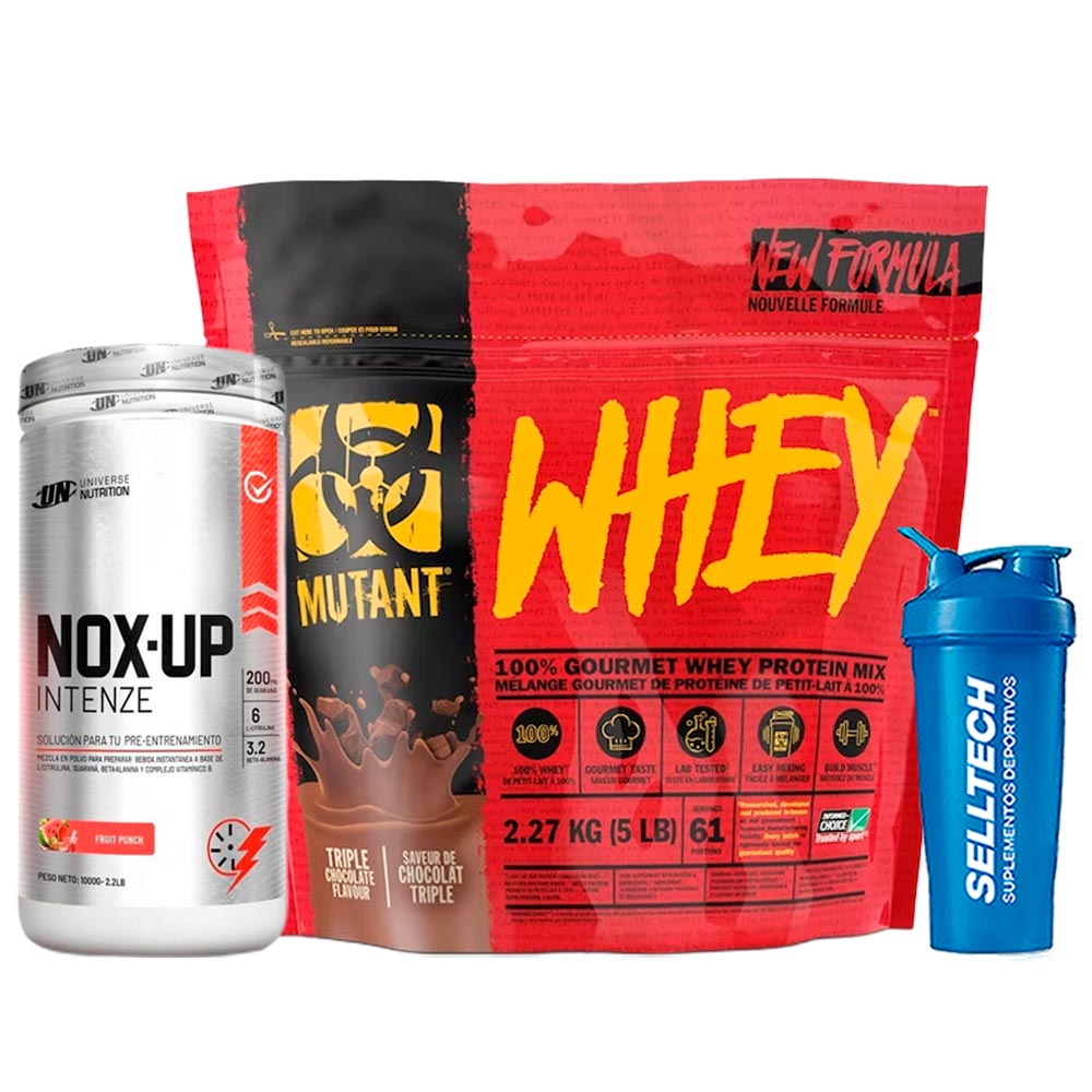 Pack Mutant Whey 5lb Chocolate + Nox Up 1kg Fruit Punch + Shaker