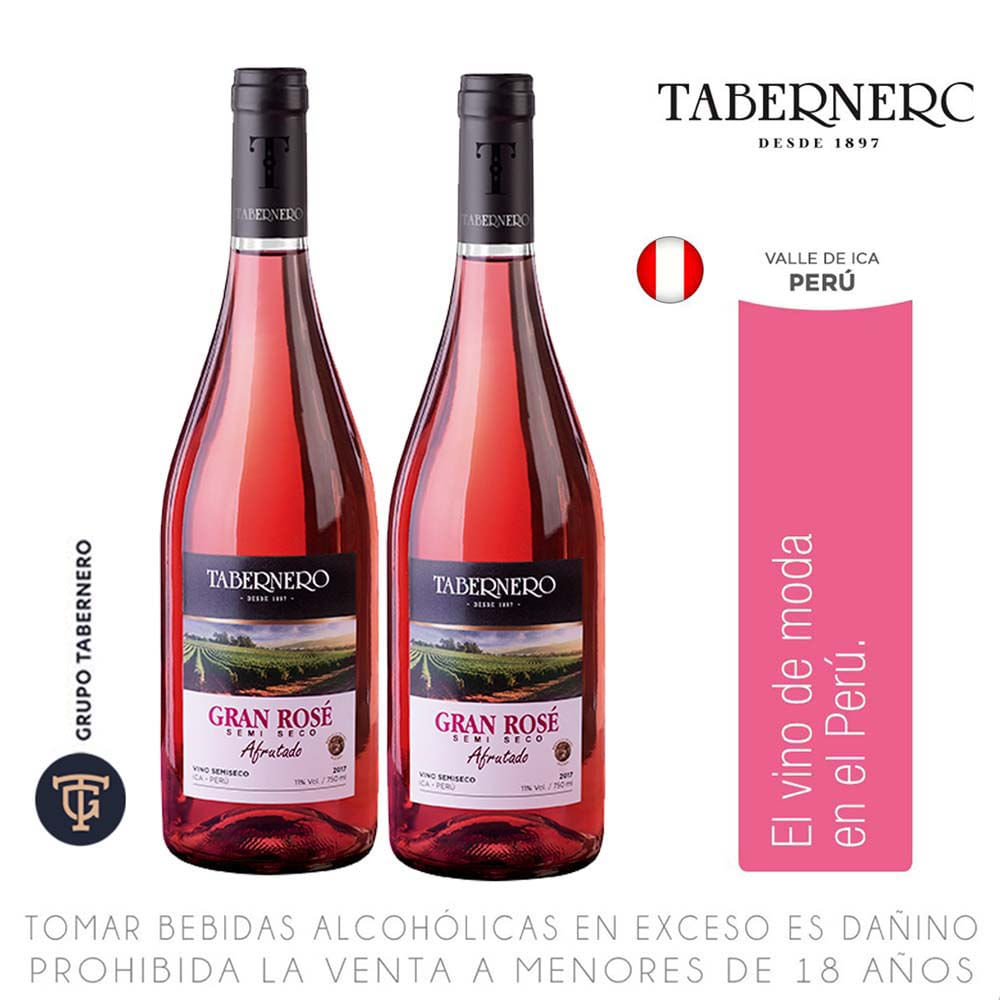 Vino Gran Rosé TABERNERO Semi Seco Afrutado Botella 750ml Pack 2un