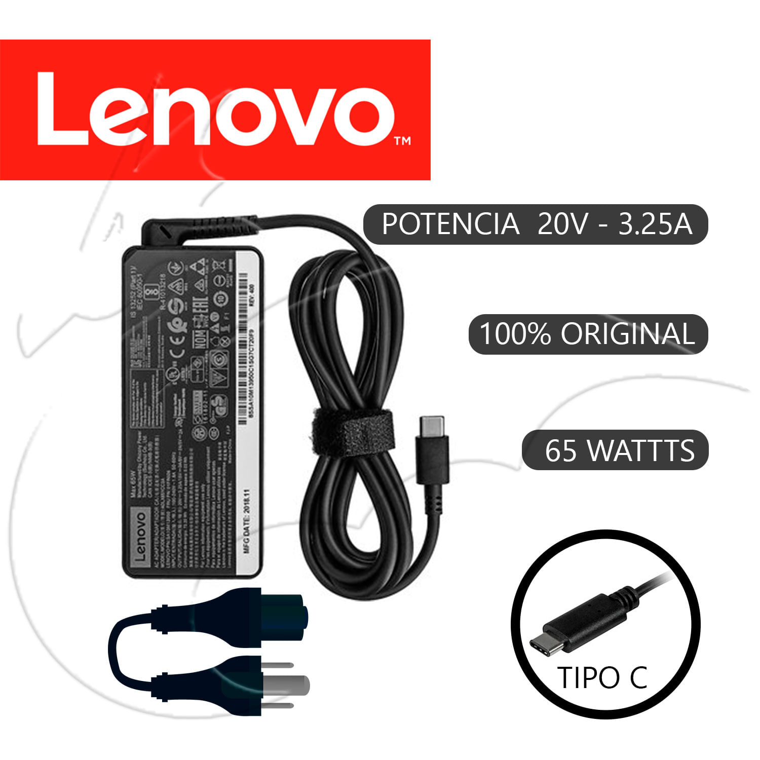 Cargador lenovo tipo C 20v 3.25a 65w