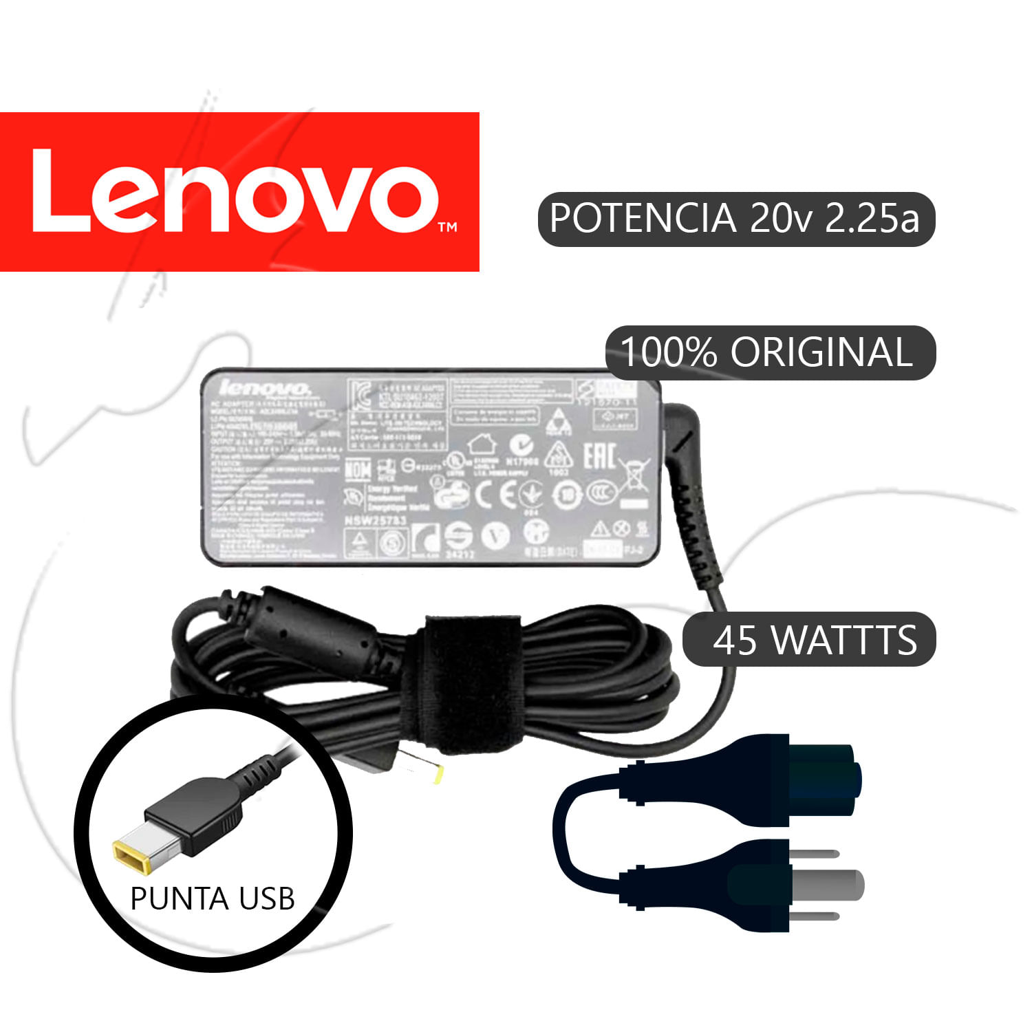CARGADOR LENOVO PUNTA USB 20V - 2.25A - 45W