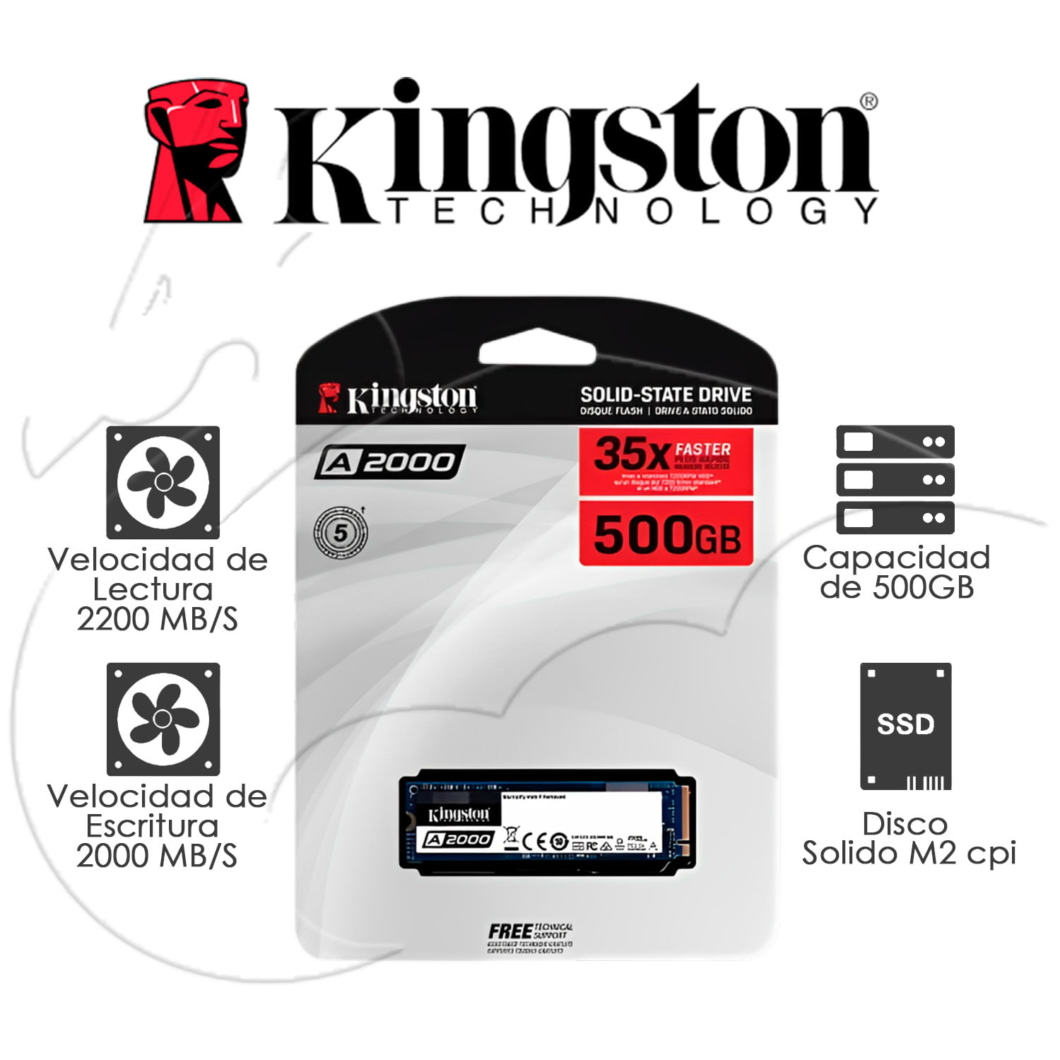 SSD M.2 NVMe KINGSTON A2000 500GB PCIe 3.0 X4 ULTRA VELOZ