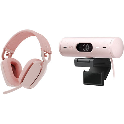 Kit de auriculares inalámbricos Logitech Brio 500 1080p Full HD Webcam y Zone Vibe 100 (rosa)