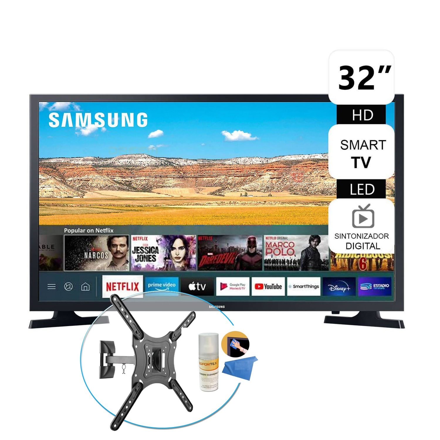 Televisor Smart TV HD 32" Samsung UN32T4202AG + Rack + Limpiador