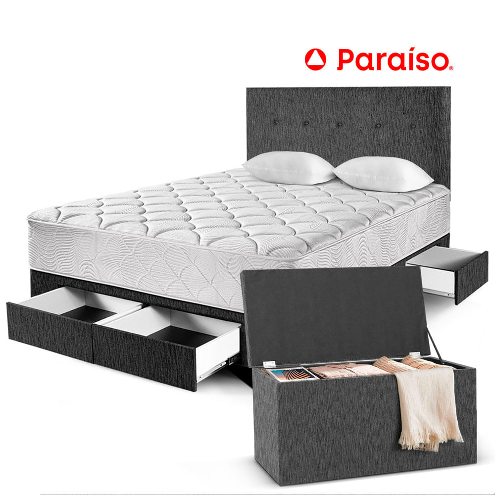 Dormitorio 4 Cajones PARAISO Pocket Max Charcoal 2 Plazas + Baúl + 2 Almohadas + Protector
