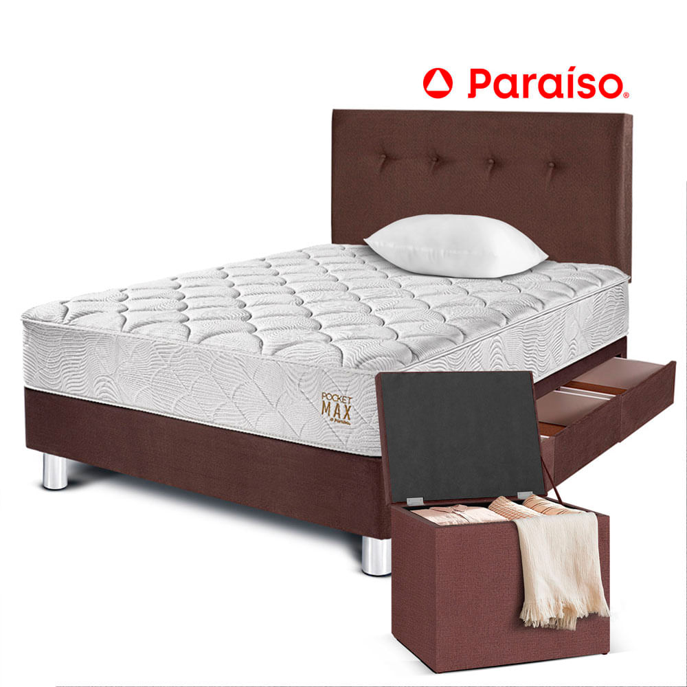 Dormitorio 3 Cajones PARAISO Pocket Max Chocolate 1.5 Plazas + Baúl + 1 Almohada + Protector