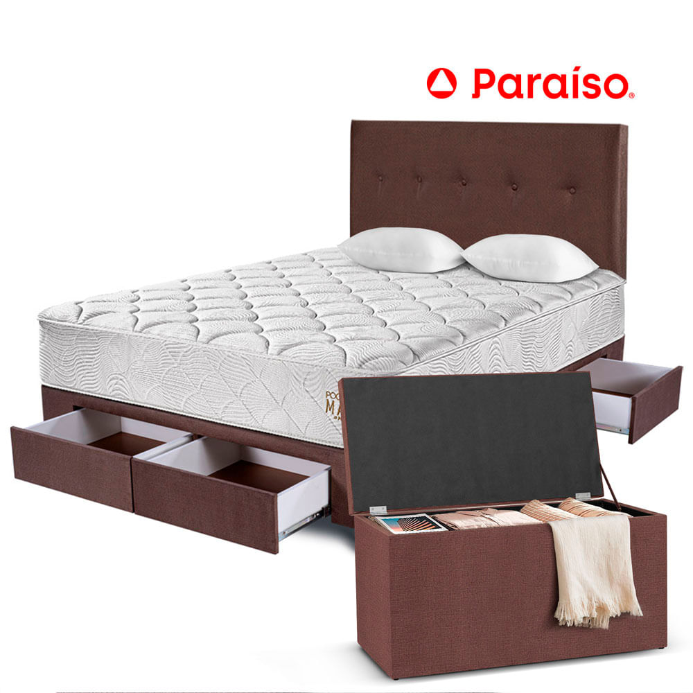Dormitorio 4 Cajones PARAISO Pocket Max Chocolate 2 Plazas + Baúl + 2 Almohadas + Protector