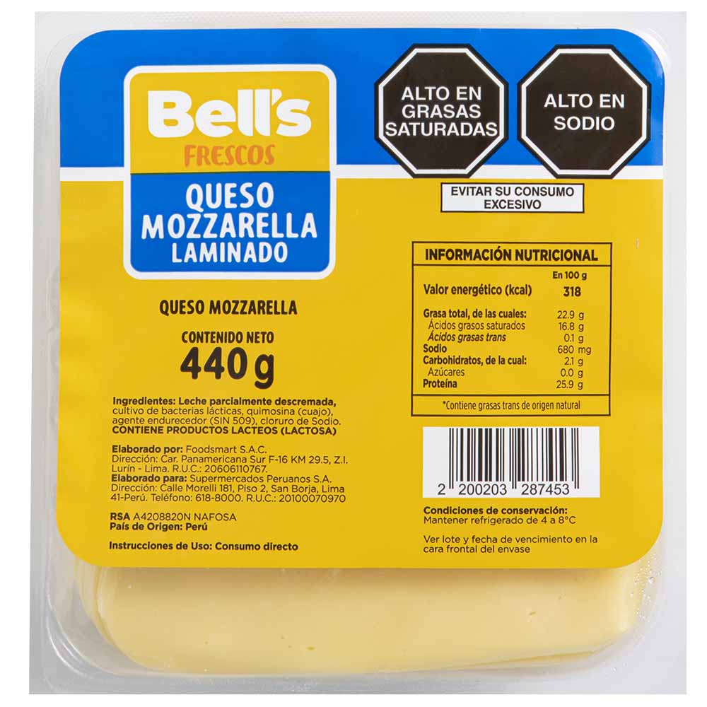 Queso Mozzarella Laminado BELLS Paquete 440g