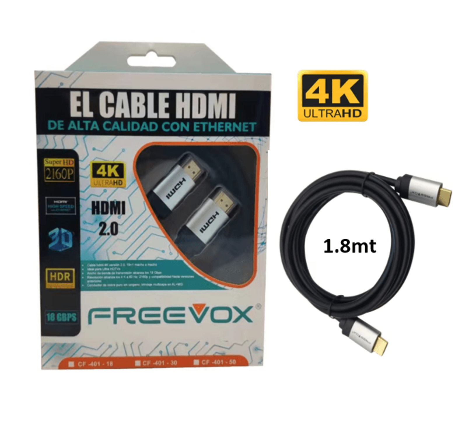Cable hdmi 4k 2.0 1.8mt c/ Ethernet Freevox