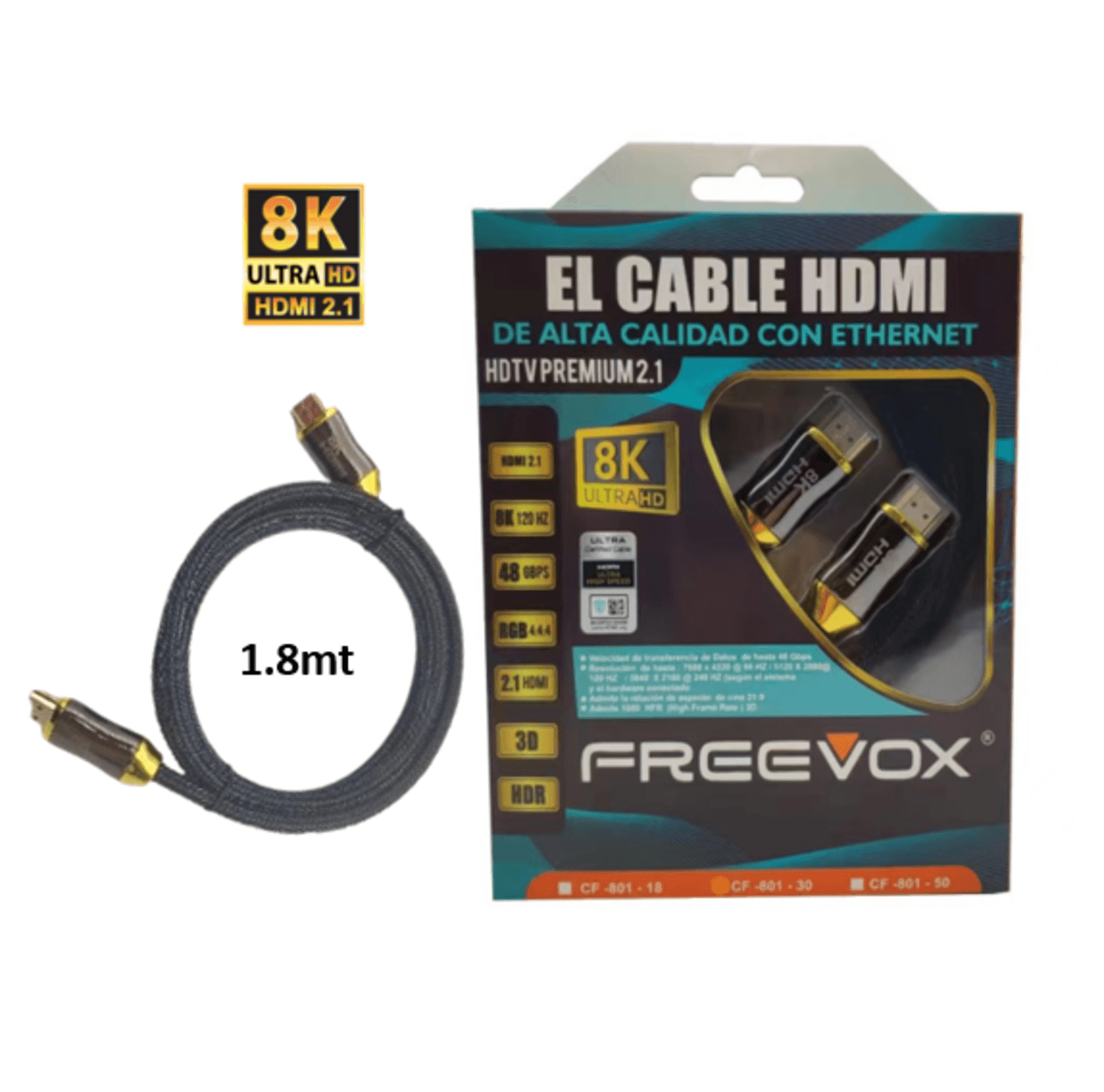 Cable HDMI FREEVOX 8k TRENZADO 1.8M V2.1 CON ETHERNET