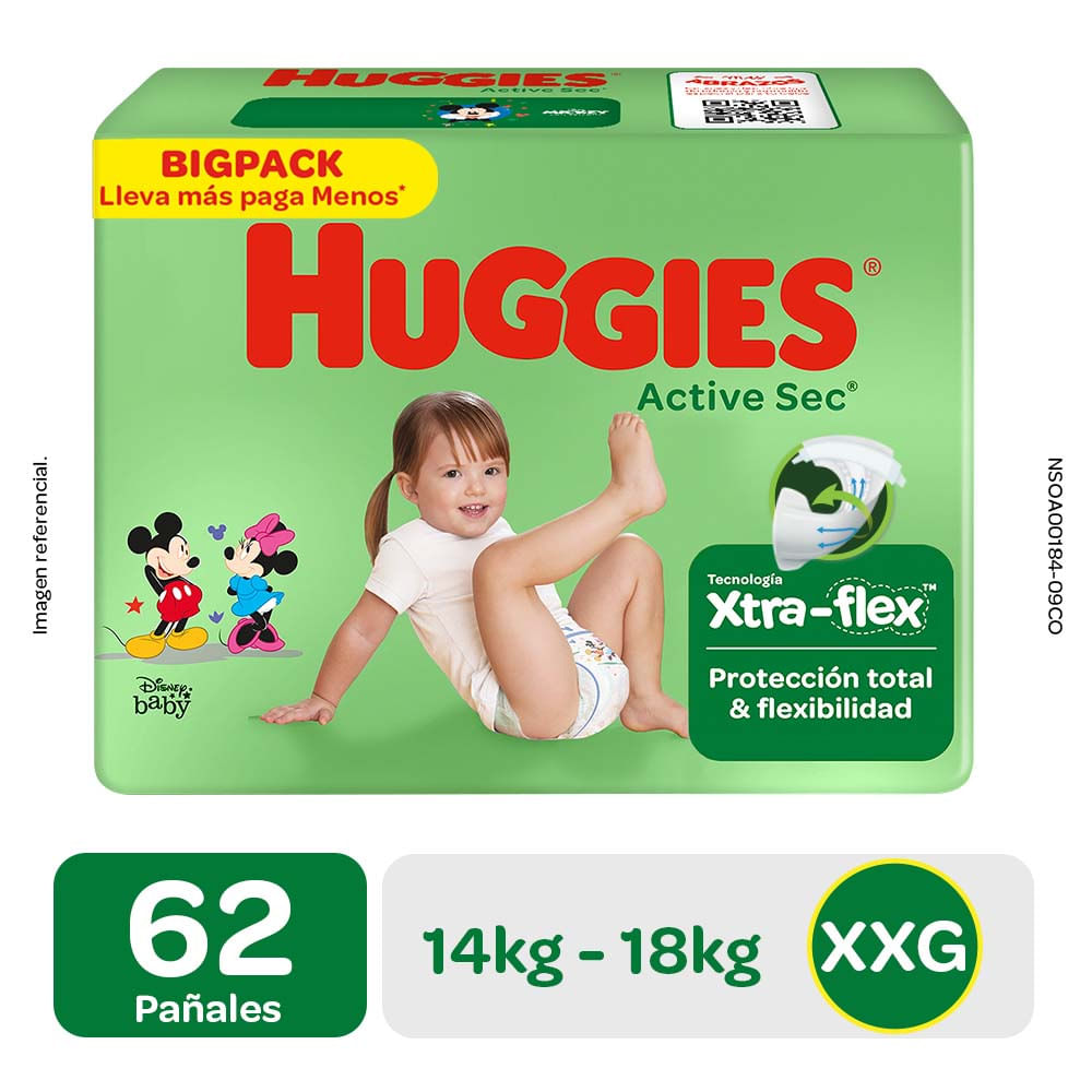 Pañales para Bebé HUGGIES Active Sec Talla XXG Paquete 62un