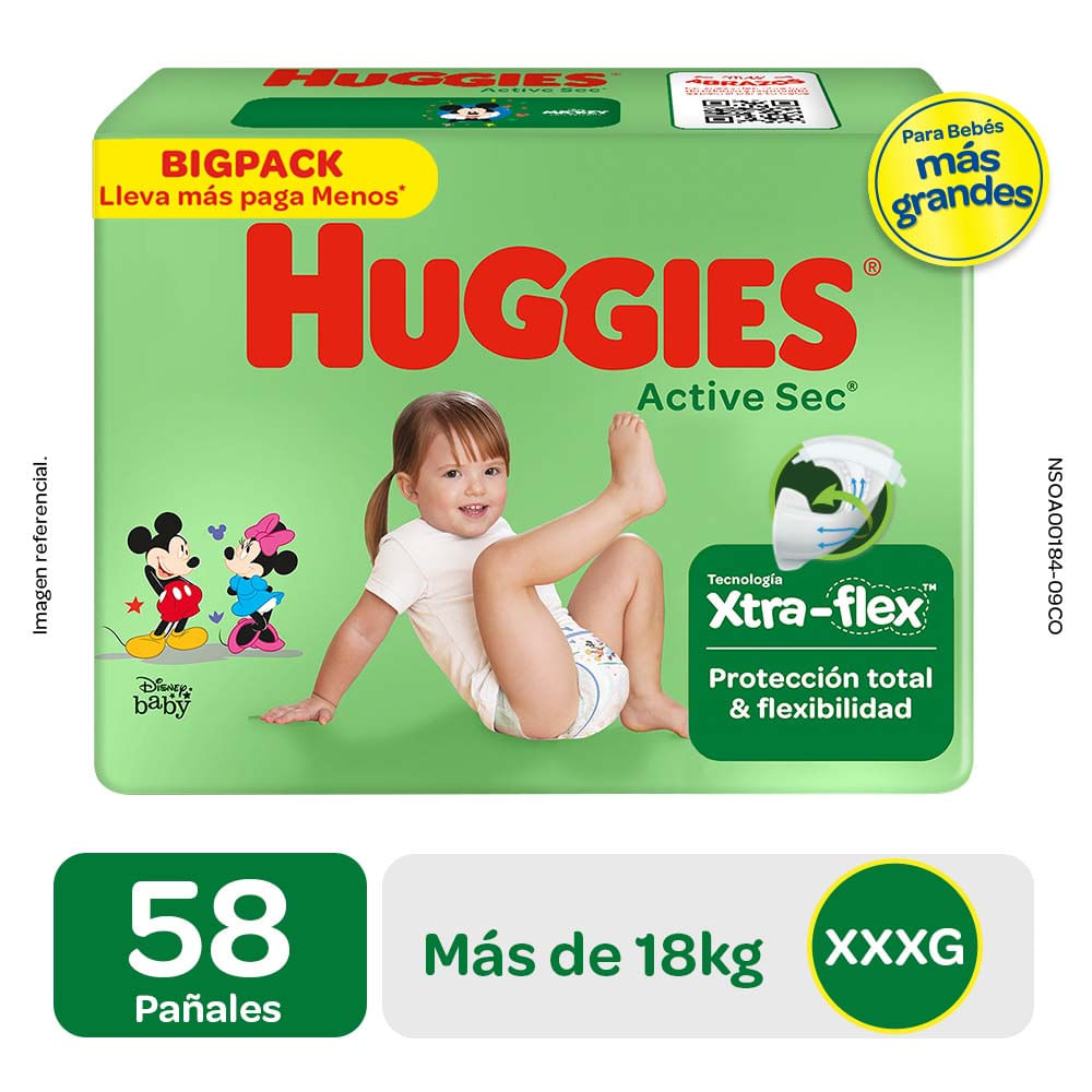 Pañales para Bebé HUGGIES Active Sec XXXG Paquete 58un